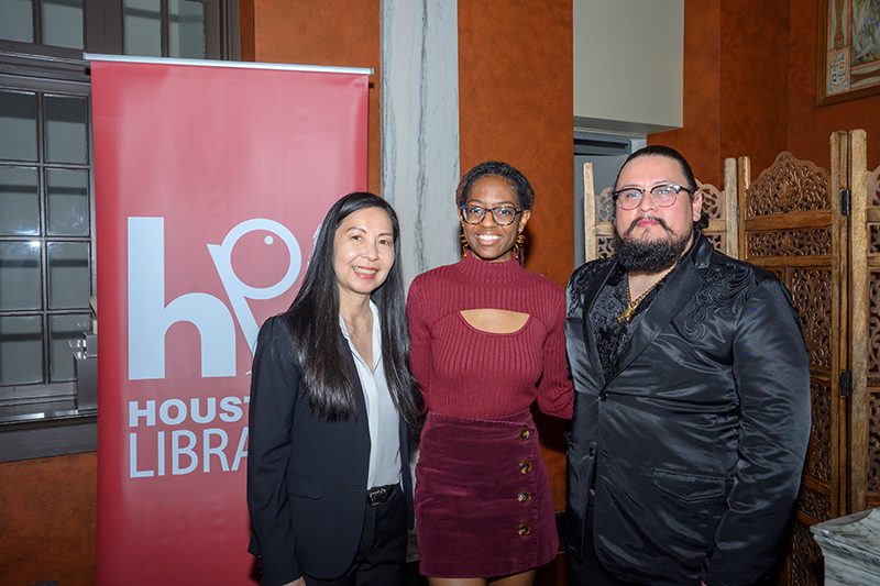 Left to right: HPL Director Sandy Gaw, 2023-2025 Houston Poet Laureate Aris Kian Brown, 2025-2027 Houston Poet Laureate Reyes Ramirez.