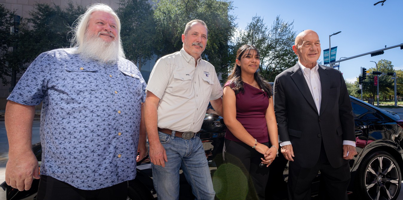 Abigail Trujillo met with Mayor John Whitmire and Houston Police Officer's Union President Doug Griffith, center, and James Tippy, HPOU Executive Board member, at left. Trujillo’s car was paid off with the help of the Houston Police Officers’ Union and the Mayor. Anonymous donors and Mayor Whitmire helped Trujillo secure a new car. No taxpayer funds were used.